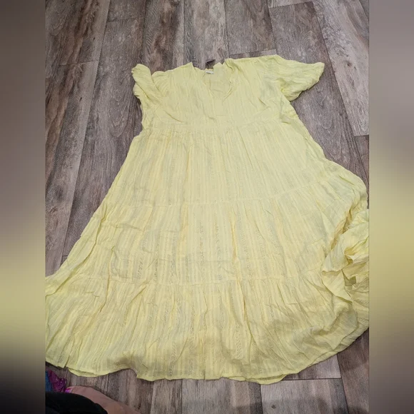 J. Jill Women's Large Yellow Pineapple Jacquard Tiered V Neck Cotton Rayon Dress - Picture 4 of 5